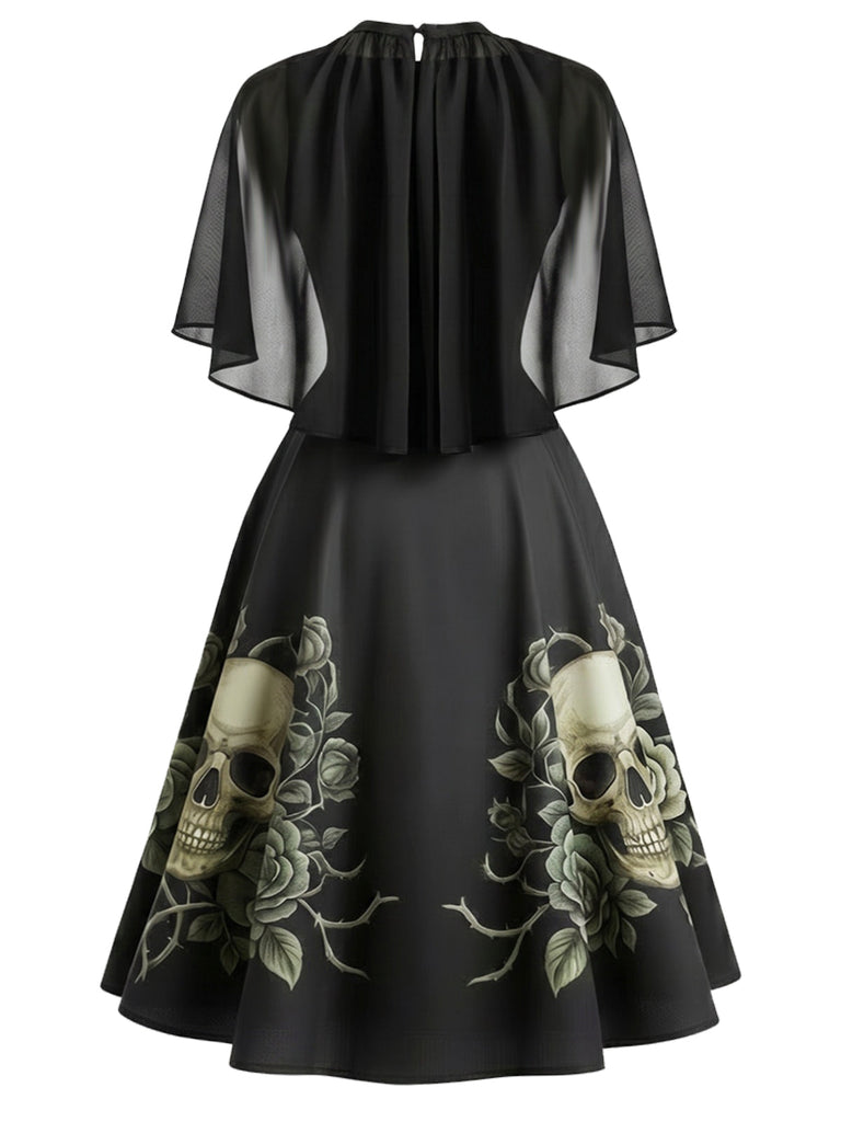 [Prévente] Robe Noir Tête de Mort Rose Gothique Cape Manche Années 1950
