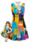 [Prévente] Robe trapèze multicolore motif chats et Claudine années 60