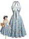 [Prévente] Robe bleu clair à fleurs, col Halter, dentelle et nœud Années 1950 - 1