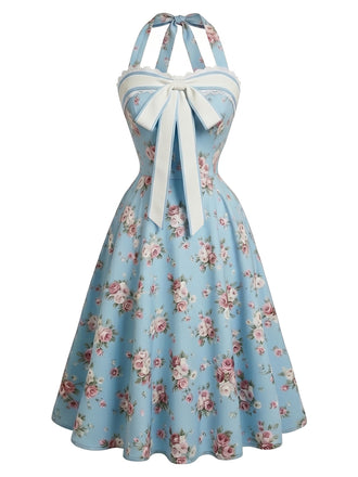 [Prévente] Robe bleu clair à fleurs, col Halter, dentelle et nœud Années 1950 - 2