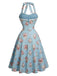 [Prévente] Robe bleu clair à fleurs, col Halter, dentelle et nœud Années 1950 - 3