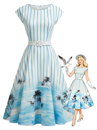 [Prévente] Robe Évasée Bleue Rayée Imprimé Palmier avec Poches Années 1950