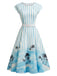 [Prévente] Robe Évasée Bleue Rayée Imprimé Palmier avec Poches Années 1950 2