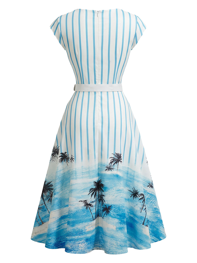 [Prévente] Robe Évasée Bleue Rayée Imprimé Palmier avec Poches Années 1950 3