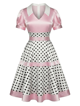 [Prévente] Robe rose en satin à pois, col V et nœud Années 1950
