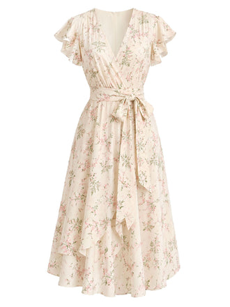 [Pre-Sale] Cream Color 1950s Floral V Neck Ruffle Dress 2