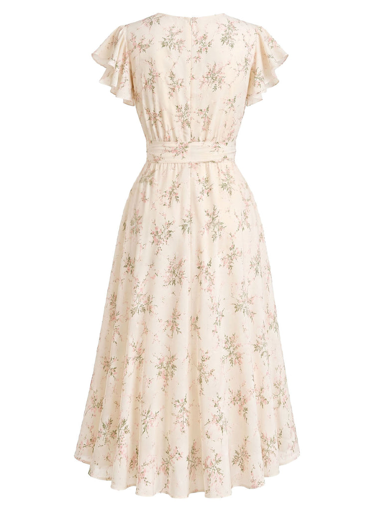 [Pre-Sale] Cream Color 1950s Floral V Neck Ruffle Dress 3
