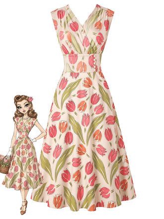 [Prévente] Robe Trapèze Sans Manches à Col Croisé Imprimé Tulipe Années 1950