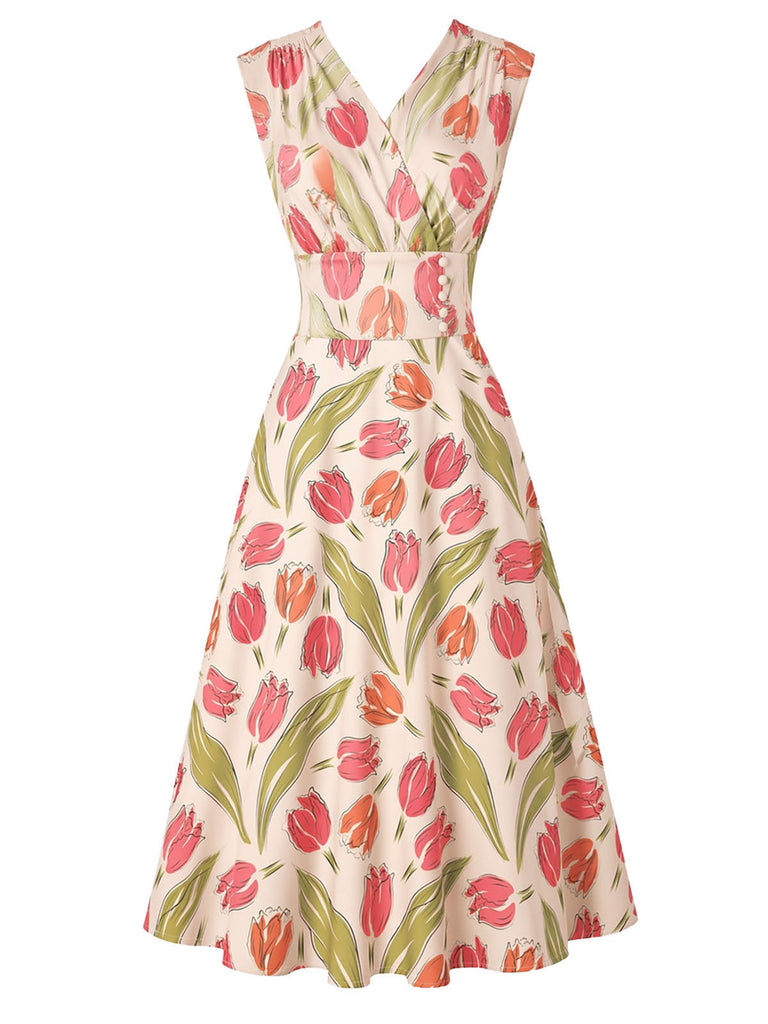 [Prévente] Robe Trapèze Sans Manches à Col Croisé Imprimé Tulipe Années 1950