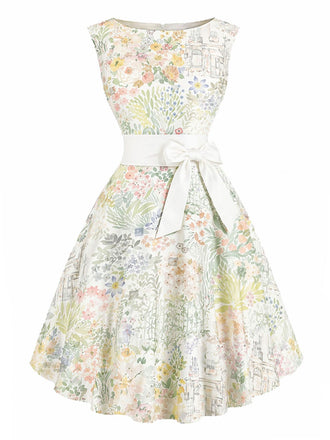 [Prévente] Robe Rockabilly Sans Manches Floral Aquarelle Chartreuse Années 1950
