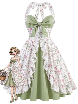 [Prévente] Robe Patchwork Florale à Col Halter avec Volants Gris Vert Années 1950
