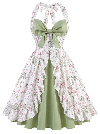 [Prévente] Robe Patchwork Florale à Col Halter avec Volants Gris Vert Années 1950