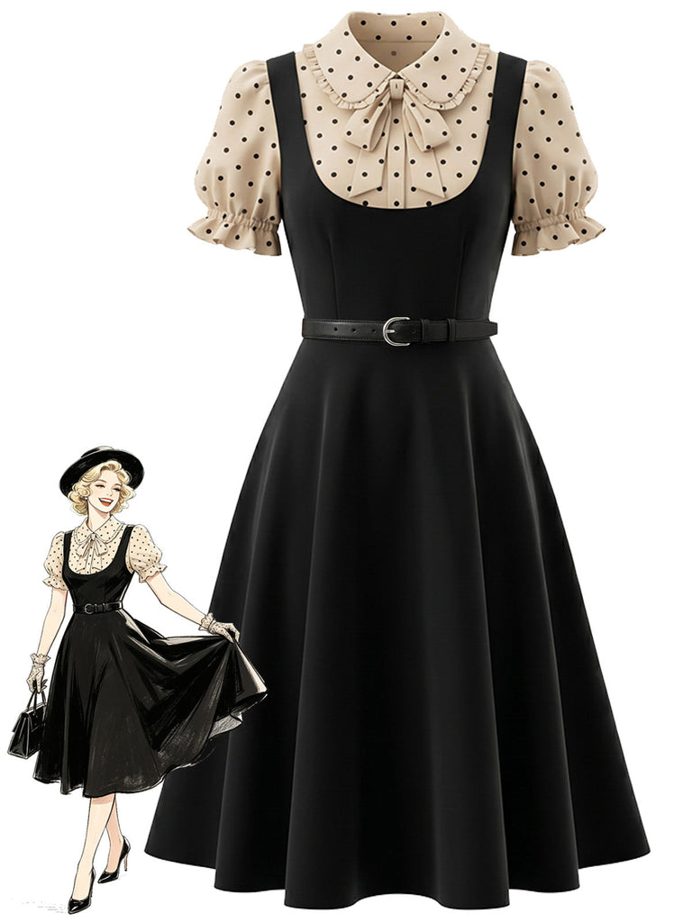 [Prévente] Robe noire à pois, col Claudine et ceinture Années 1940 - 1