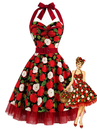 [Prévente] Robe évasée rouge à imprimé pommes, col halter et ceinture années 1950 - 1
