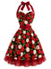 [Prévente] Robe évasée rouge à imprimé pommes, col halter et ceinture années 1950 - 2