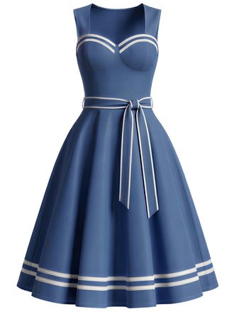 [Prévente] Robe Bleu Contrasté Trim Marin avec Poches Années 1940 2