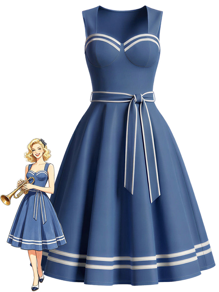 [Prévente] Robe Bleu Contrasté Trim Marin avec Poches Années 1940