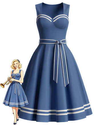 [Prévente] Robe Bleu Contrasté Trim Marin avec Poches Années 1940