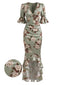 Robe verte motif floral col V volants et détails froncés années 30