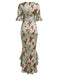 Robe Florale Froncée à Col V avec Volants Vert Années 1930
