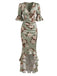 Robe Florale Froncée à Col V avec Volants Vert Années 1930