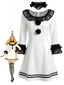 4PCS Robe de cosplay Pierrot Clown dentelle volants noire et blanche années 1960