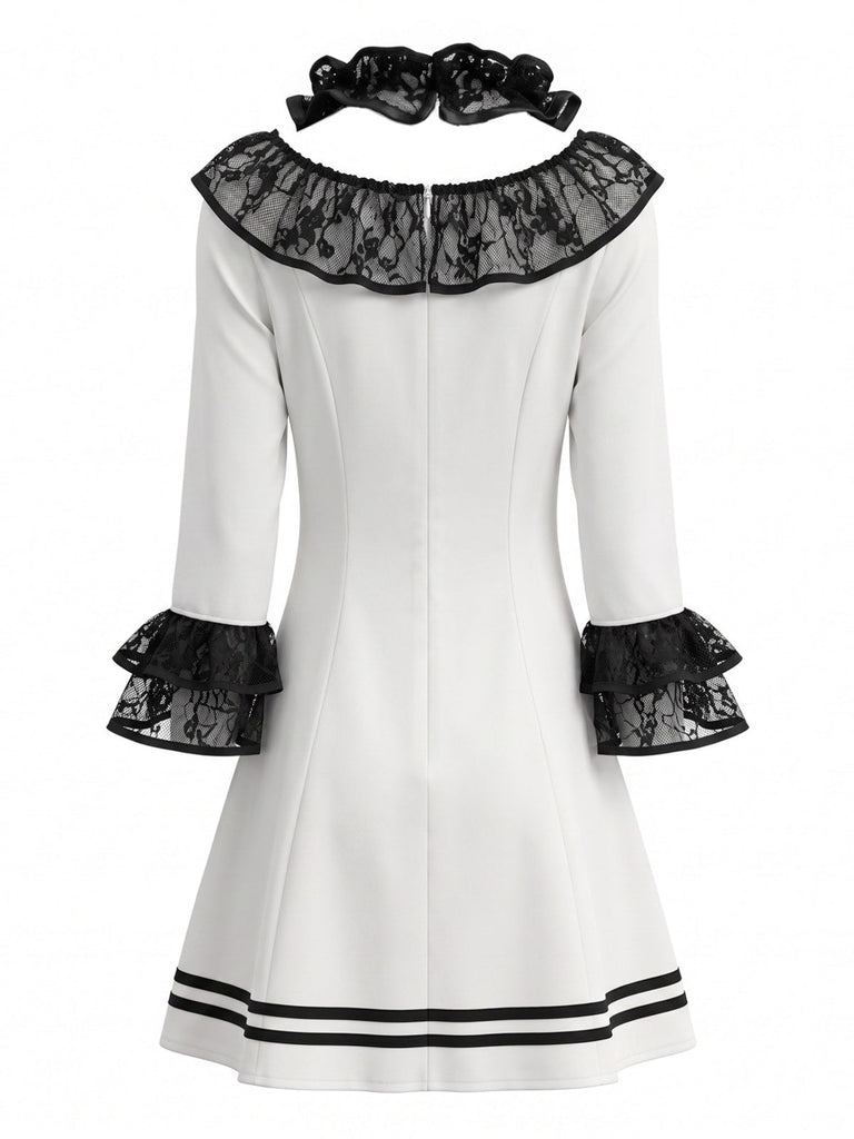 4PCS Robe Cosplay Clown Pierrot à Volants en Dentelle Noir et Blanc Années 1960