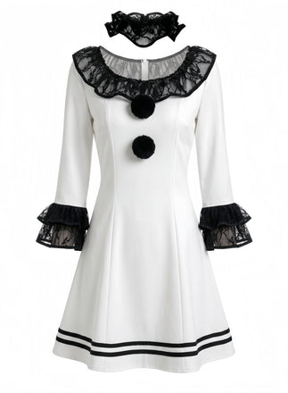4PCS Robe Cosplay Clown Pierrot à Volants en Dentelle Noir et Blanc Années 1960