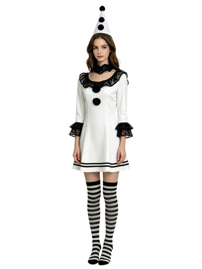 4PCS Robe Cosplay Clown Pierrot à Volants en Dentelle Noir et Blanc Années 1960