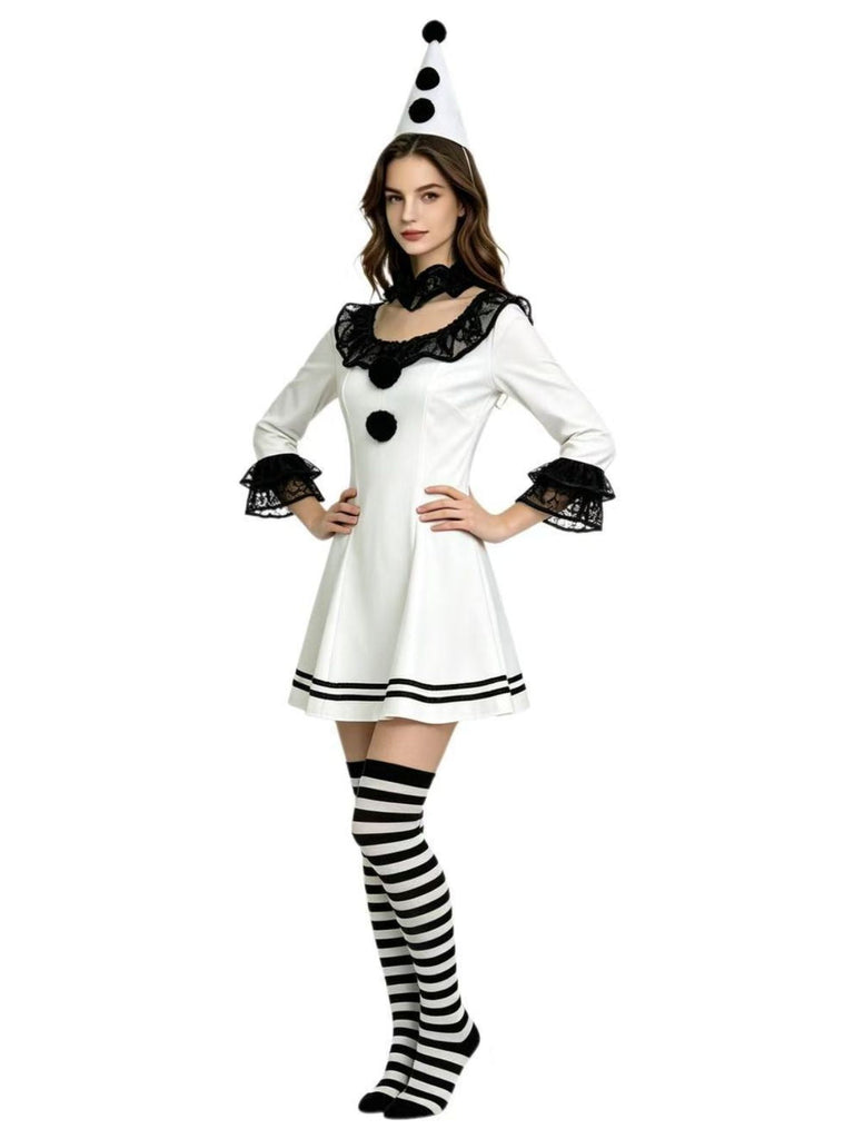 4PCS Robe Cosplay Clown Pierrot à Volants en Dentelle Noir et Blanc Années 1960