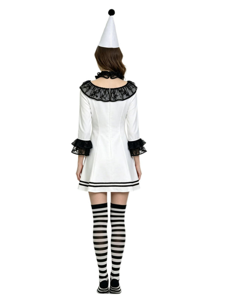 4PCS Robe Cosplay Clown Pierrot à Volants en Dentelle Noir et Blanc Années 1960