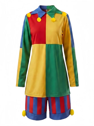 Ensemble costume de clown color block avec top, short rayé et chapeau années 1940