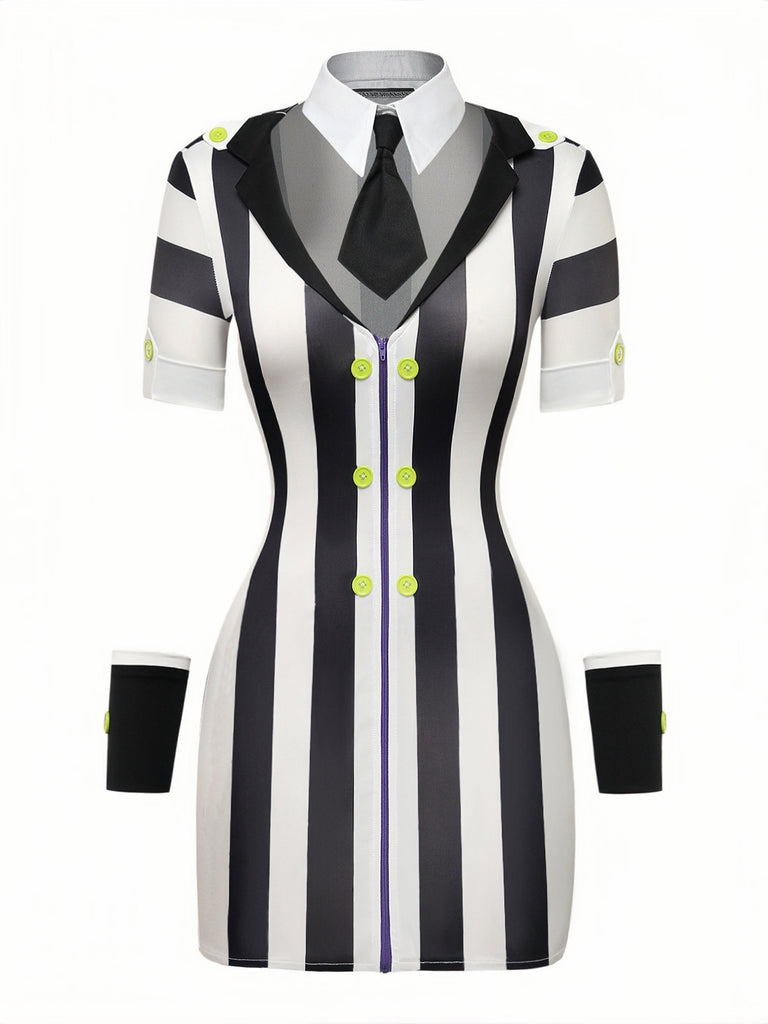 Robe Fourreau Noire & Blanche Rayée Années 1960