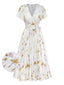 Robe Midi Portefeuille Florale à Manches Volantées Blanche Années 1940