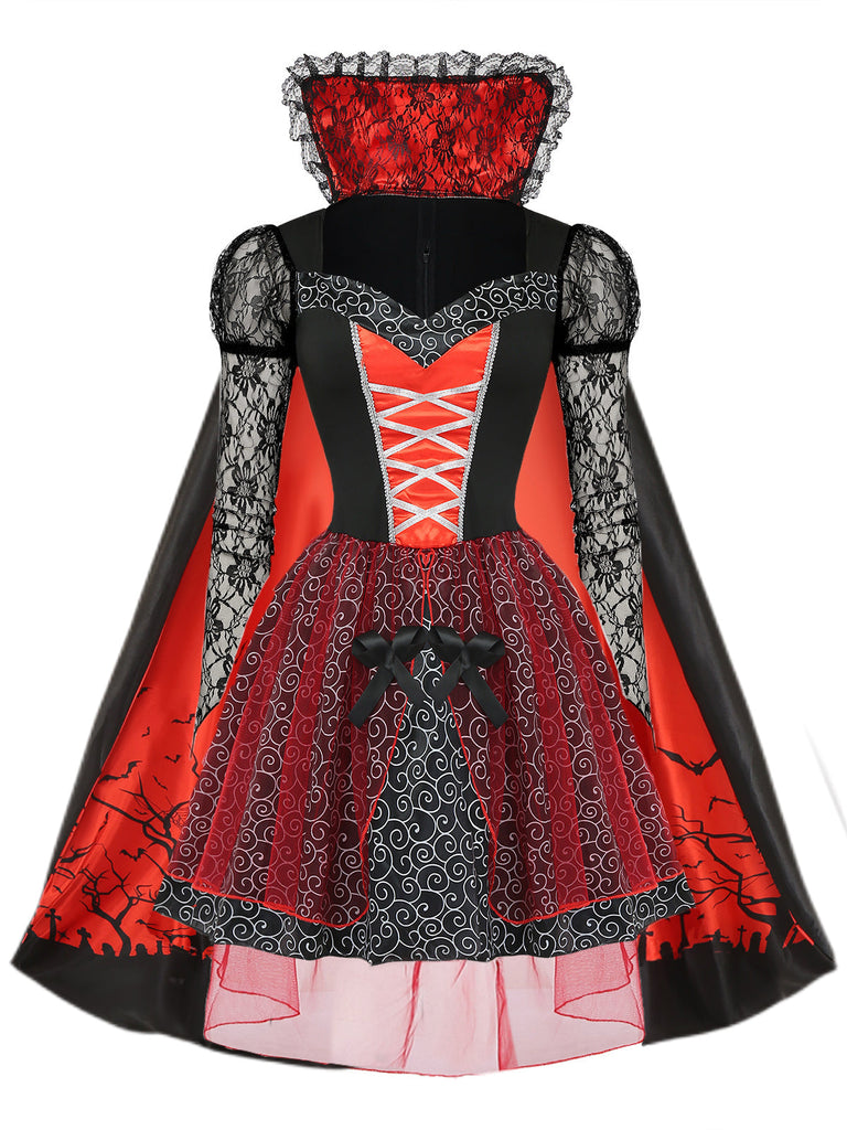 Ensemble 2PCS rouge Halloween avec robe en dentelle et tulle patchwork et cape Années 1950