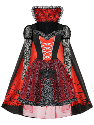 Ensemble 2PCS rouge Halloween avec robe en dentelle et tulle patchwork et cape Années 1950