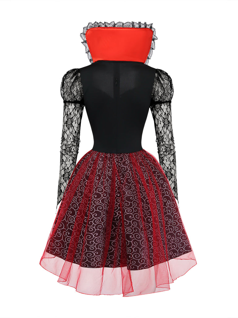 Ensemble 2PCS rouge Halloween avec robe en dentelle et tulle patchwork et cape Années 1950