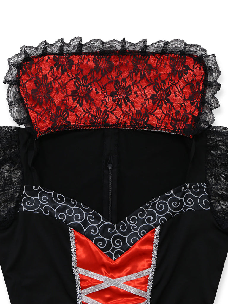 Ensemble 2PCS rouge Halloween avec robe en dentelle et tulle patchwork et cape Années 1950