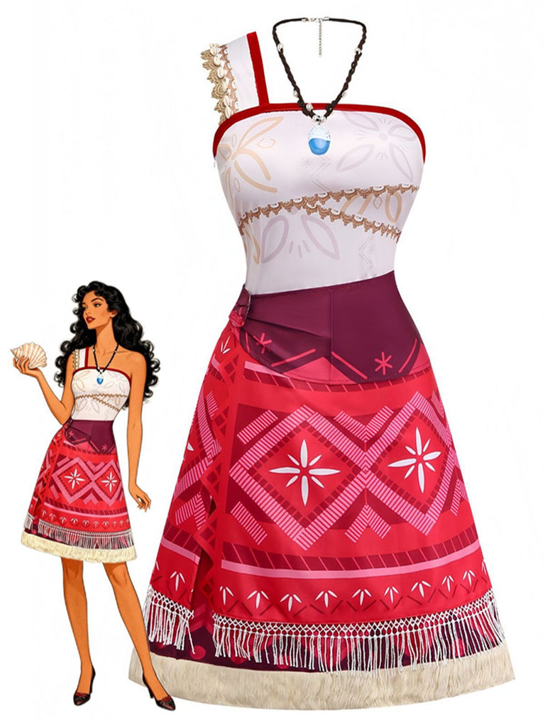 Robe Déguisement Vaiana Moiana Une Épaule Franges Années 70