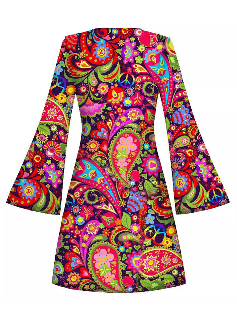 Mini Robe Multicolore Hippie Paisley Psychédélique Manches Évasées Années 1960 2