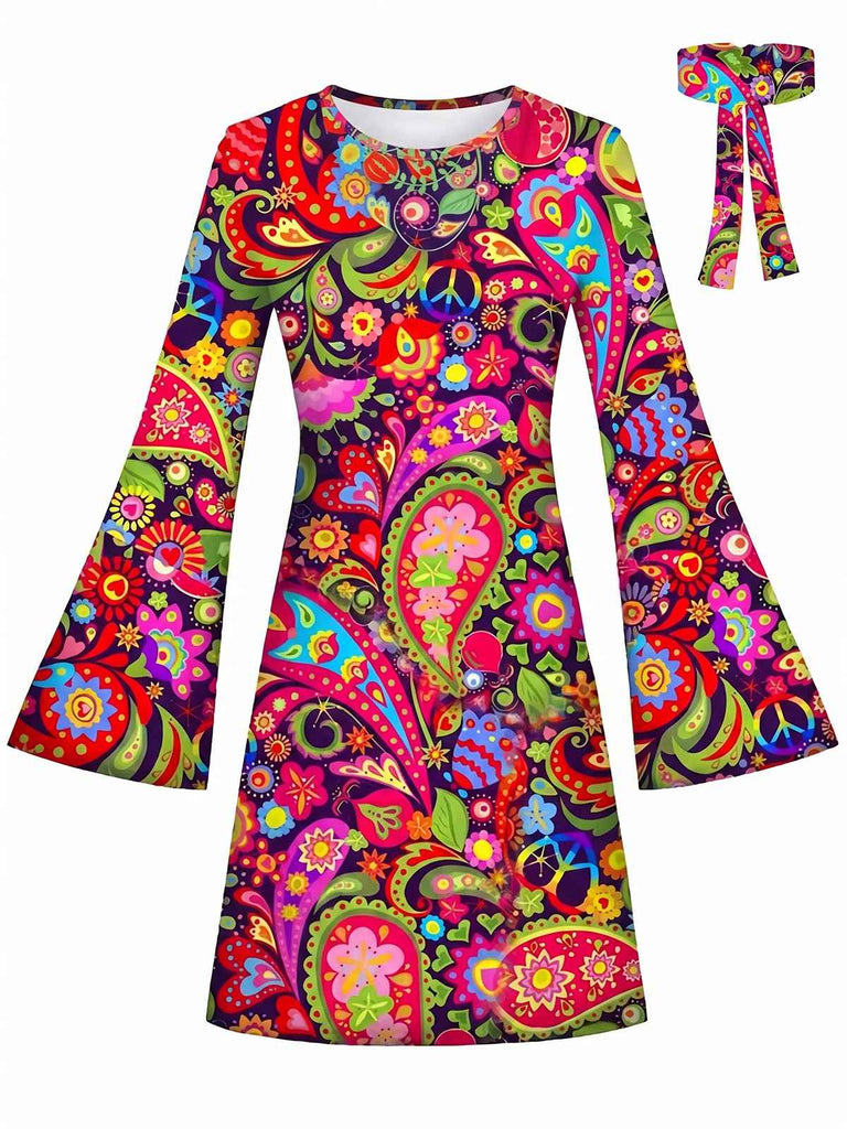Mini Robe Paisley Psychédélique Manches Évasées Années 1960