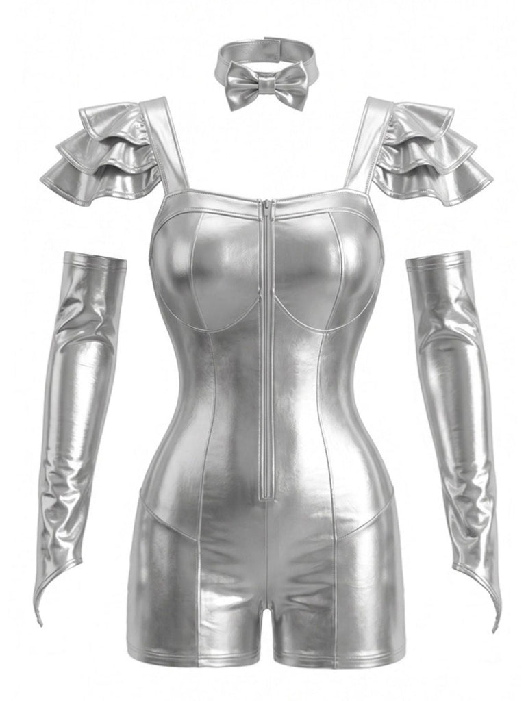 Ensemble body argenté métallique brillant et futuriste d’Halloween années 1950