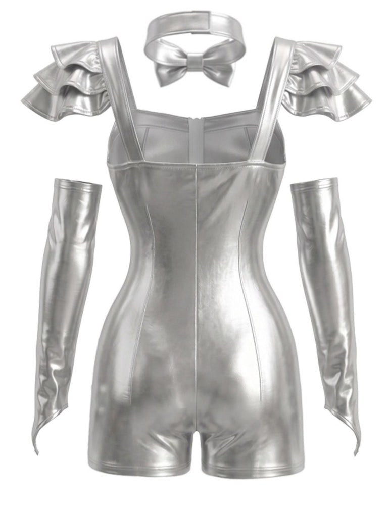 Ensemble combishort futuriste et brillant pour Halloween argenté et métallisé années 80