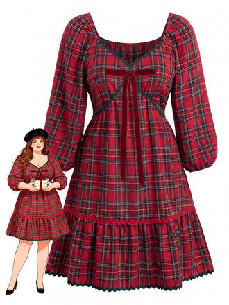 [Grande Taille] Robe évasée rouge motif écossais col V et nœud la taille années 50