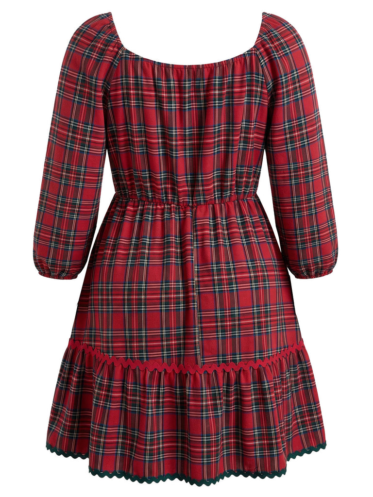 [Grande Taille] Robe évasée rouge à carreaux, col V et nœud à la taille années 1950 - 2