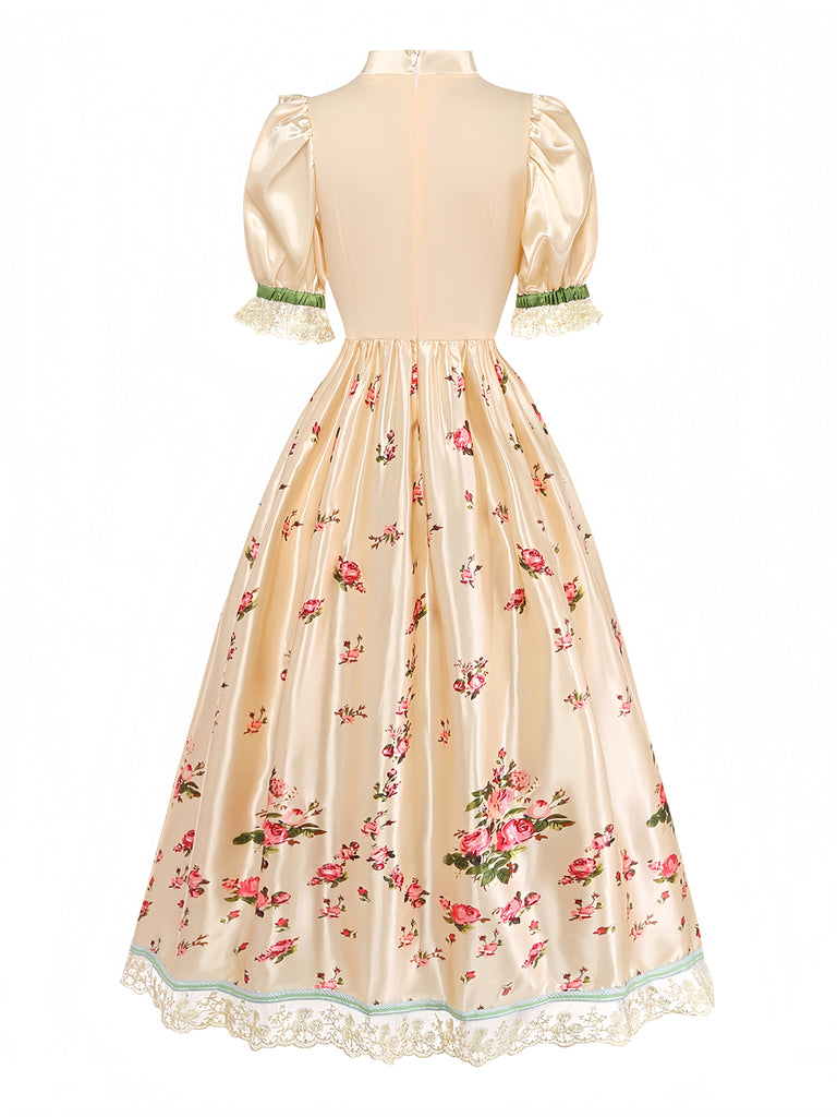 Robe costume florale du Petit Chaperon rouge à manches bouffantes avec cape Années 1940