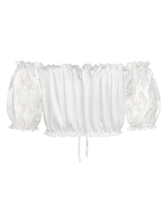 Top court blanc en dentelle froncée à manches bouffantes années 1950