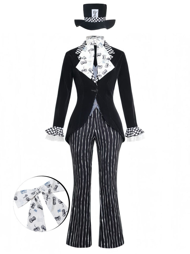 Ensemble costume cosplay Halloween 5PCS noir à rayures et coupe évasée Années 1940