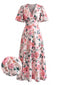 Robe midi portefeuille rose motif floral et manches volantées années 50