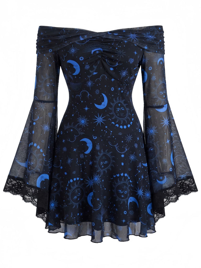 Robe Gothique Bleue Imprimé Céleste Épaules Dénudées Dentelle Années 1970